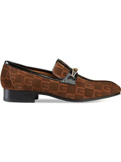 Shop Gucci Suede Square G Loafers With Stripe In Brown