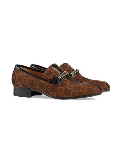 Shop Gucci Suede Square G Loafers With Stripe In Brown