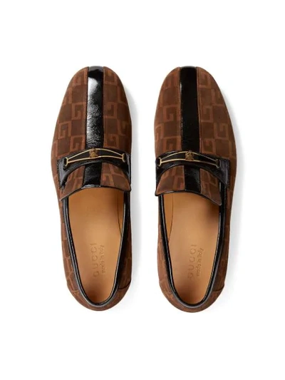 Shop Gucci Suede Square G Loafers With Stripe In Brown