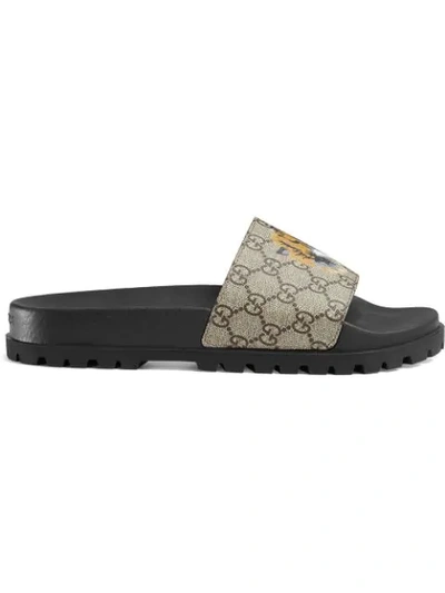 Shop Gucci Gg Supreme Tiger Slide Sandal In Brown