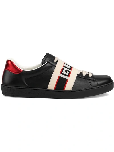 Shop Gucci Black, Red And Cream Logo Stripe Leather Sneaker