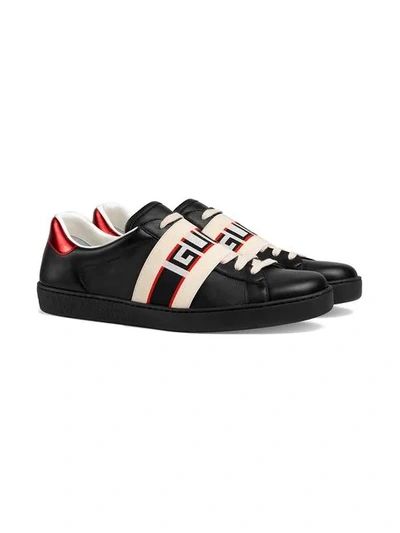 Shop Gucci Black, Red And Cream Logo Stripe Leather Sneaker