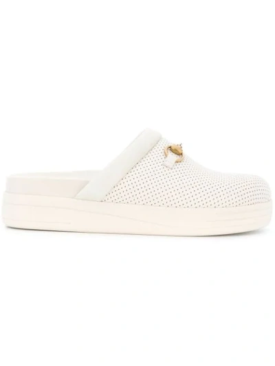 Shop Gucci Horsebit Perforated Slippers In Neutrals