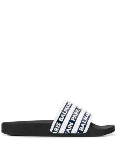 Shop Balmain Branded Sliders In Blue