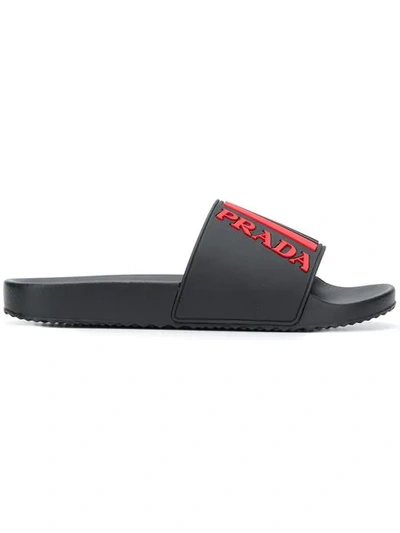 Shop Prada Logo Sliders In Black