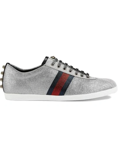 Shop Gucci Glitter Web Sneakers With Studs In 8162 Silver