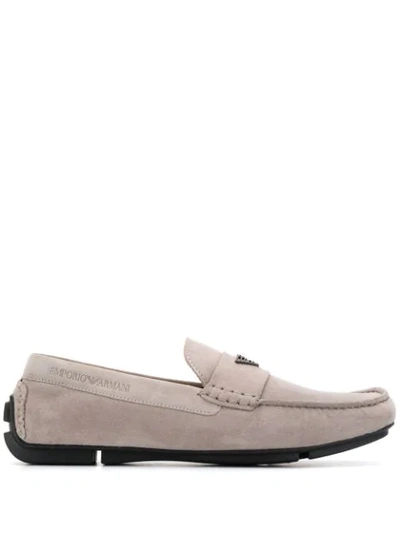 Shop Emporio Armani Plaque-embellished Loafers - Grey