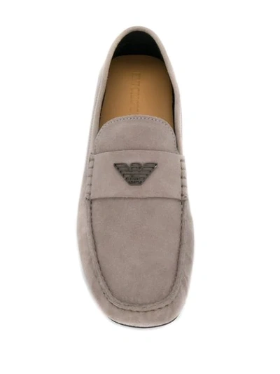 Shop Emporio Armani Plaque-embellished Loafers - Grey