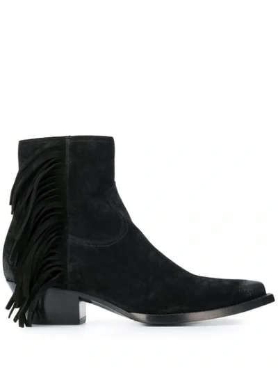 Shop Saint Laurent Lukas Fringed Ankle Boots In Black