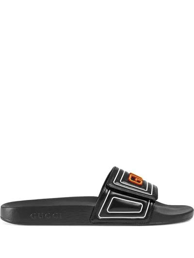 Shop Gucci Logo Leather Slide Sandal In Black