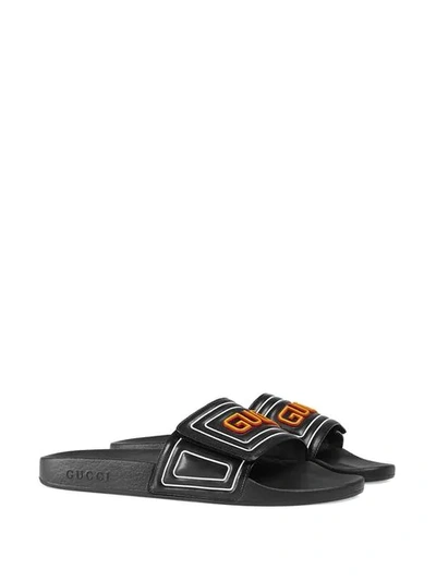 Shop Gucci Logo Leather Slide Sandal In Black