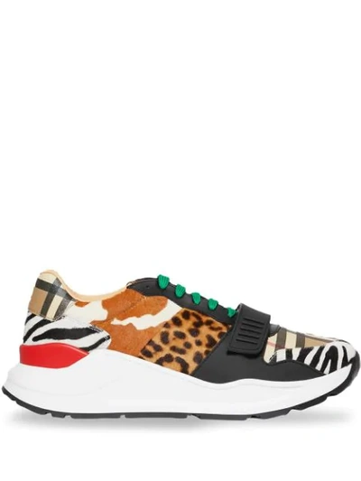 Shop Burberry Animal Print And Vintage Check Sneakers In Archive Beige