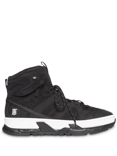 Shop Burberry Monogram Motif Mesh And Nubuck High-top Sneakers In Black