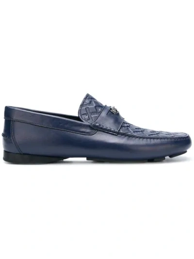 Shop Versace Grecca Embossed Loafers In Blue