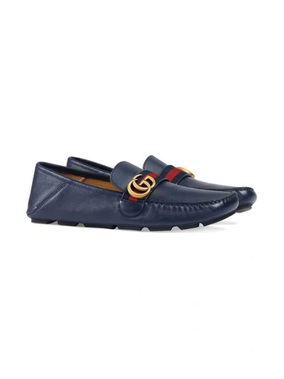 Shop Gucci Leather Driver With Web In Blue