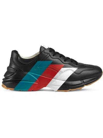Shop Gucci Rhyton Web Print Leather Sneakers In 1000 Black