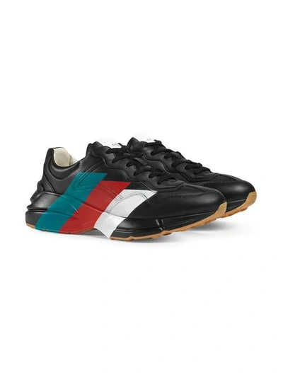 Shop Gucci Rhyton Web Print Leather Sneakers In 1000 Black