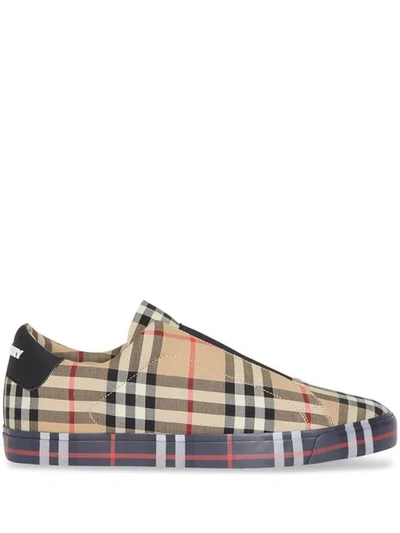 Shop Burberry Contrast Check And Leather Slip-on Sneakers In Neutrals