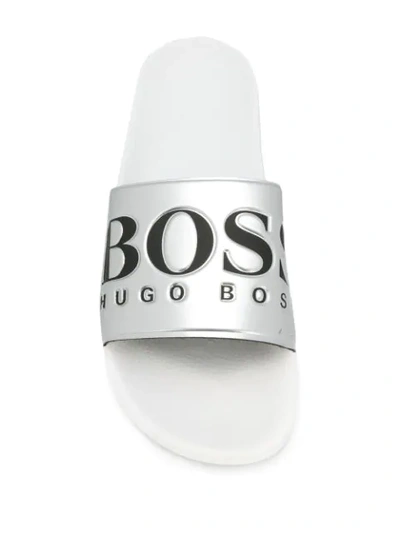 Shop Hugo Boss Logo Pool Slides In Silver