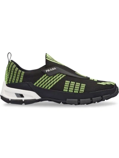 Shop Prada Black And Neon Green Crossection Knit Sneakers