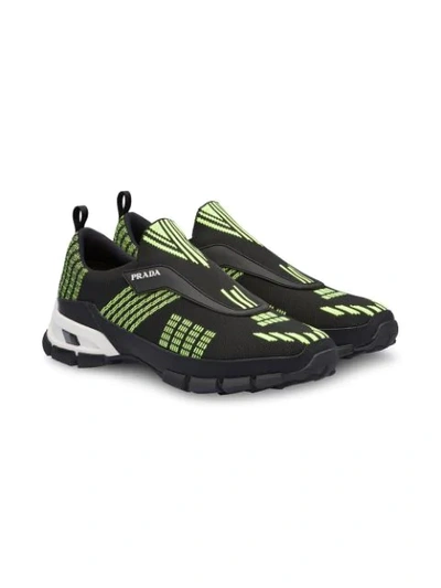 Shop Prada Black And Neon Green Crossection Knit Sneakers