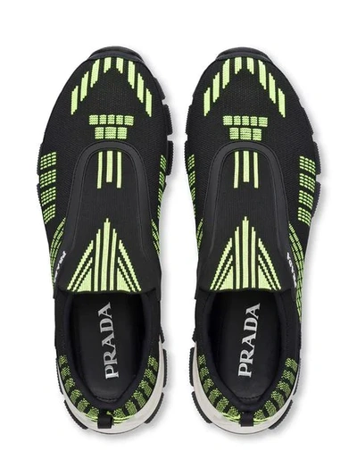 Shop Prada Black And Neon Green Crossection Knit Sneakers