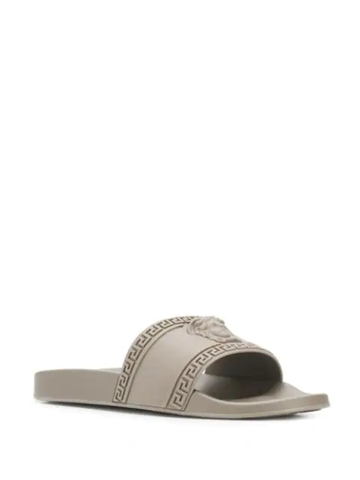 Shop Versace Medusa Head Embossed Slides In Neutrals