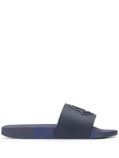 Shop Moncler Logo Embossed Slides In Blue