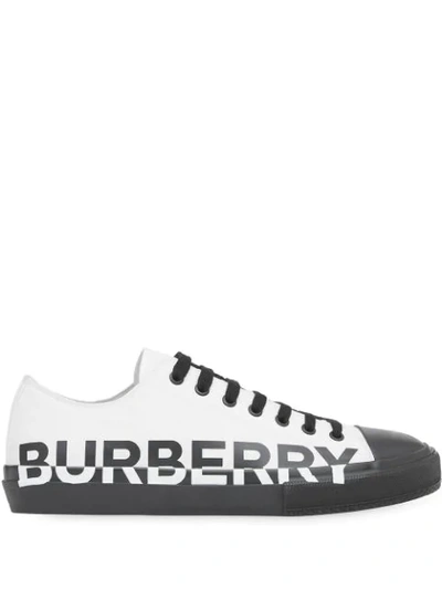 Shop Burberry Logo Print Two-tone Cotton Gabardine Sneakers - White