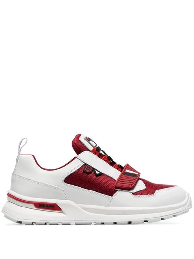PRADA WHITE AND RED WORK LEATHER SNEAKERS - 白色