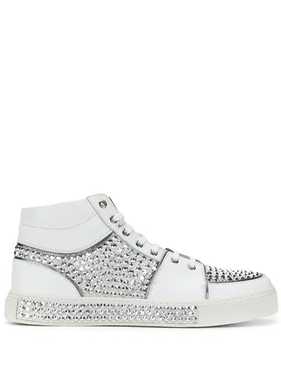 Shop Balmain Crystal Embellished Hi-top Sneakers In White