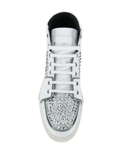 Shop Balmain Crystal Embellished Hi-top Sneakers In White