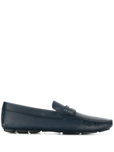 Shop Prada Logo Plaque Loafers In Blue