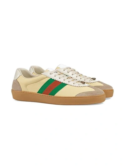 Shop Gucci G74 Leather Sneaker With Web In Yellow