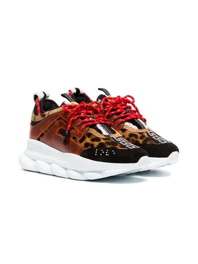 Shop Versace Multicoloured Chain Reaction Leopard Print Leather Sneakers