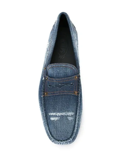 Shop Tod's Distressed Denim Gommino Driving Shoes In Blue