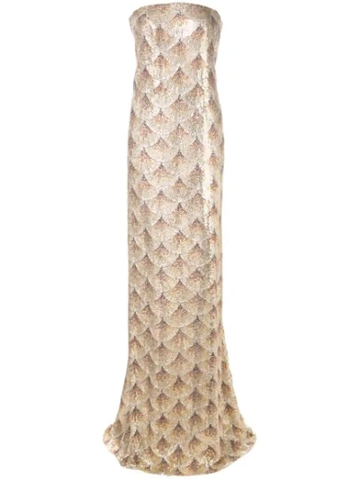 Shop Oscar De La Renta Strapless Gown With Fan Embellishment In Gold