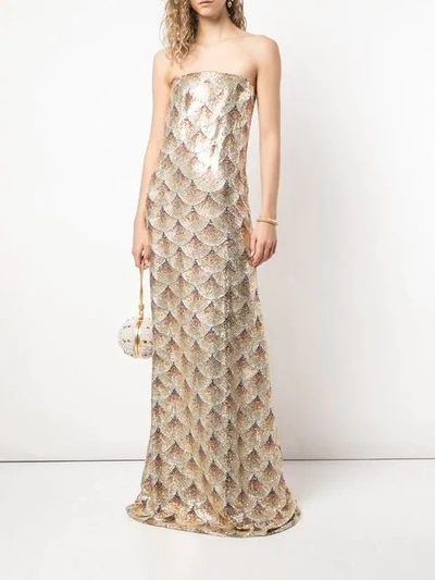 Shop Oscar De La Renta Strapless Gown With Fan Embellishment In Gold