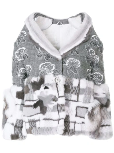 Shop Thom Browne Floral Embroidery Mink Trim Overcoat - Grey