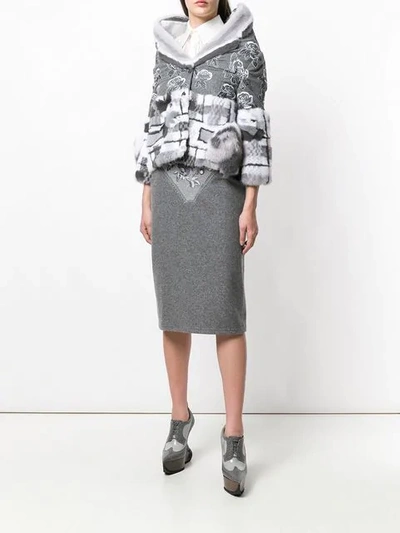 Shop Thom Browne Floral Embroidery Mink Trim Overcoat - Grey