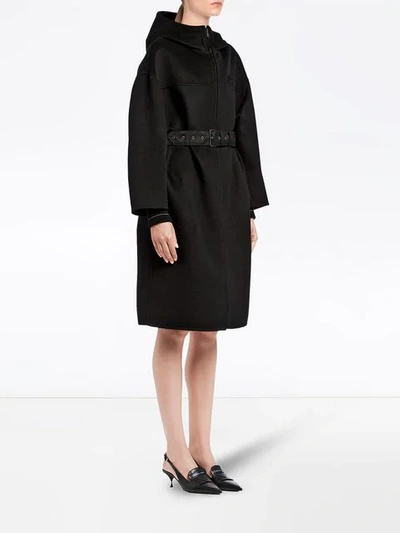 Shop Prada Belted Hooded Coat In Black