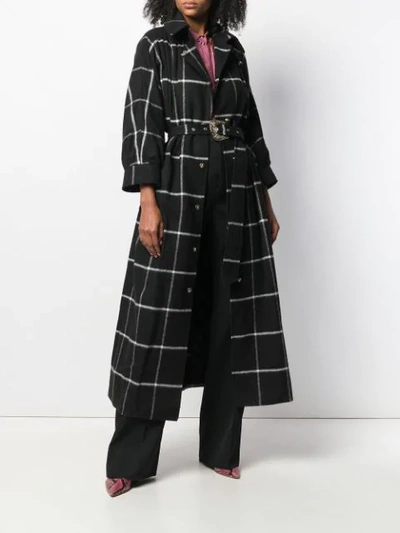 Shop Just Cavalli Belted Long Check Print Coat In Black