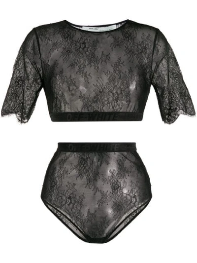 Shop Off-white Lace T-shirt And Briefs Set In Black