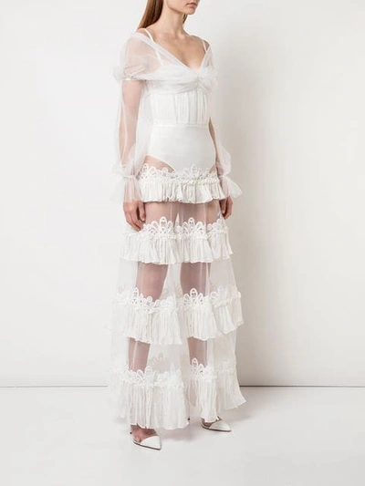 Shop Jonathan Simkhai Lace Ruffle Bodysuit Dress In White