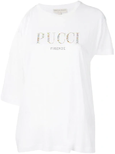 Shop Emilio Pucci Cutout Embellished Logo T-shirt In White