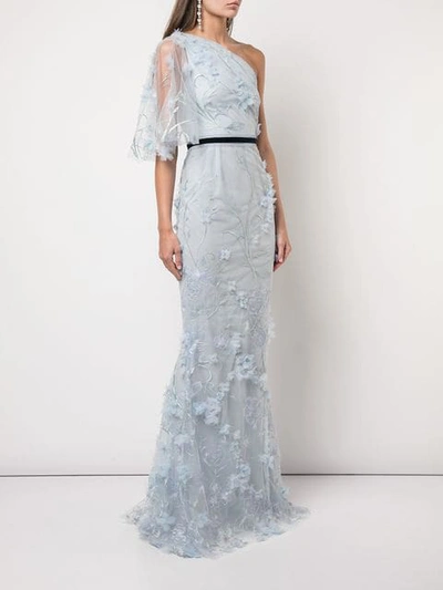 Shop Marchesa Notte Embroidered Long Dress In Blue