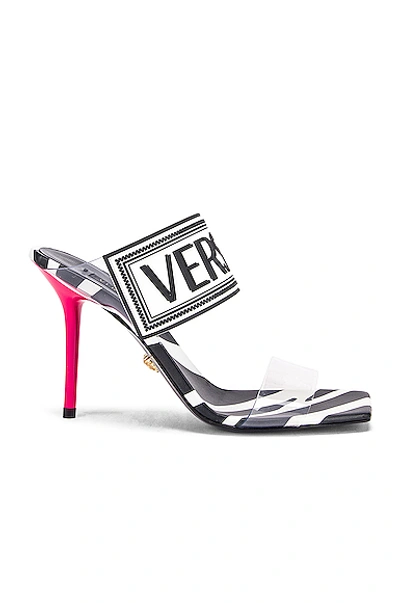 Shop Versace Logo Clear Heel Sandals In Black & Fuchsia