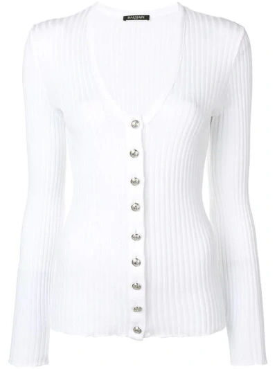 Shop Balmain Lightweight Ribbed Cardigan In White