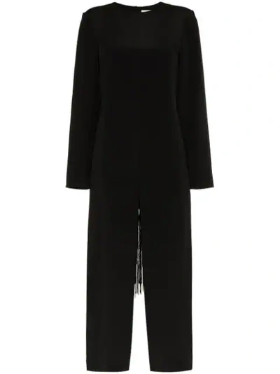 Shop Tibi Fringe Detail Silk Jumpsuit In Black