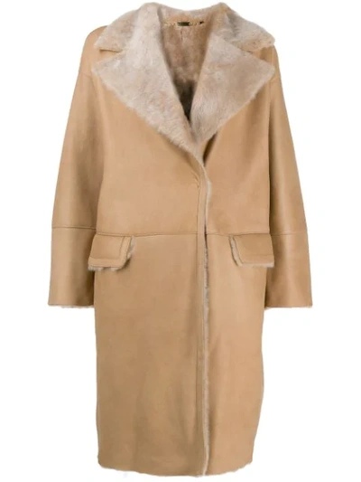 Shop Manzoni 24 Shearling Button Up Coat In Brown
